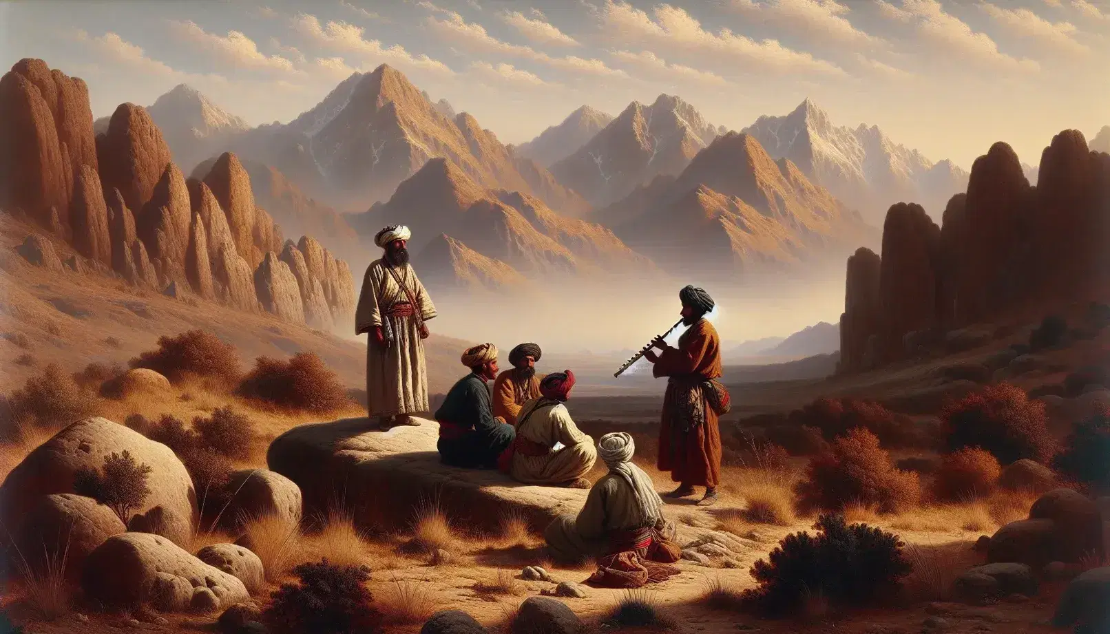 Paisaje natural con montañas rocosas y tres personas en trajes tradicionales, una tocando una flauta y dos comunicándose, bajo un cielo azul con nubes.