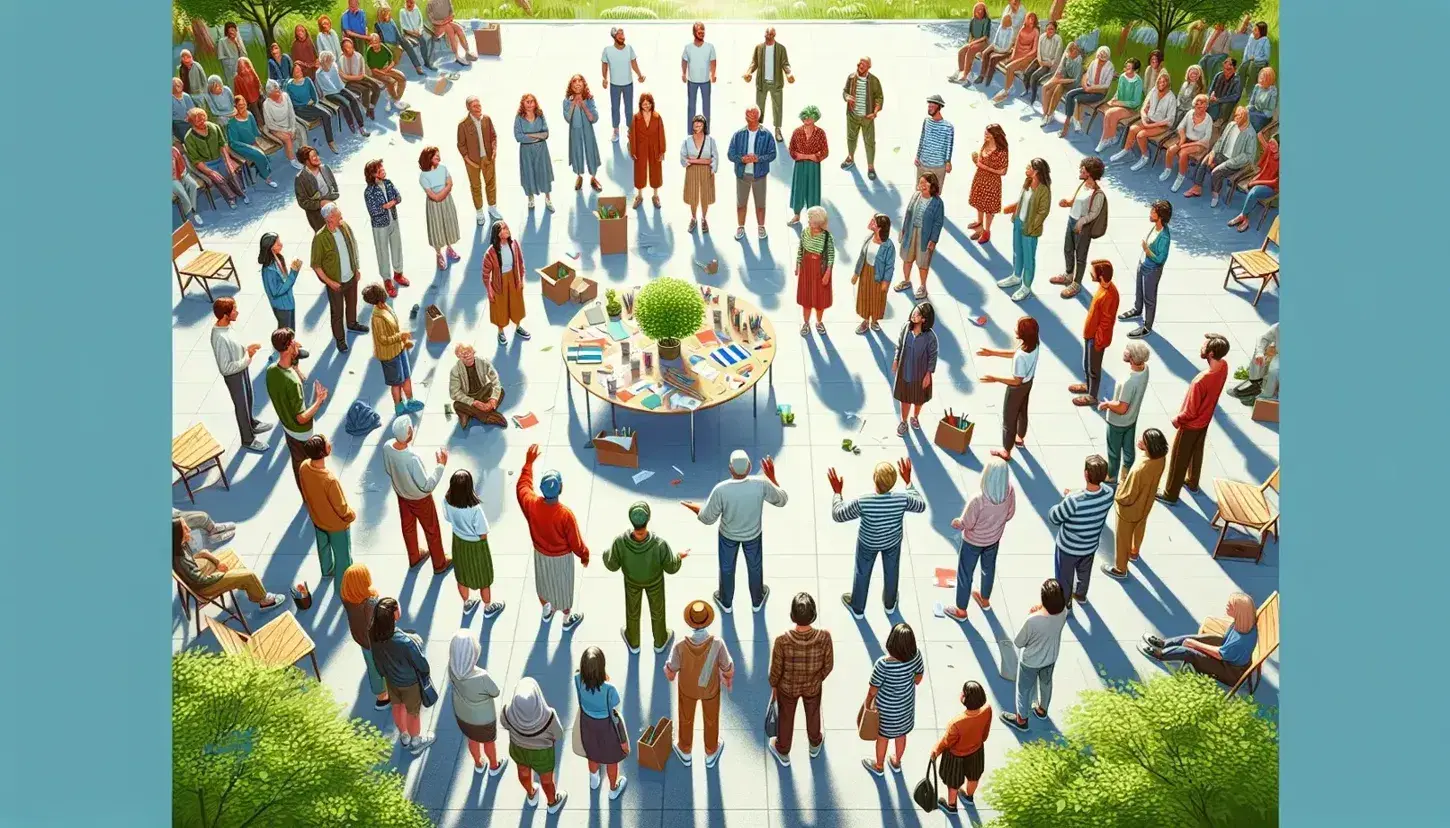 Grupo diverso de personas en reunión al aire libre, sentados en círculo alrededor de una mesa con plantas y materiales de trabajo, en un día parcialmente nublado.