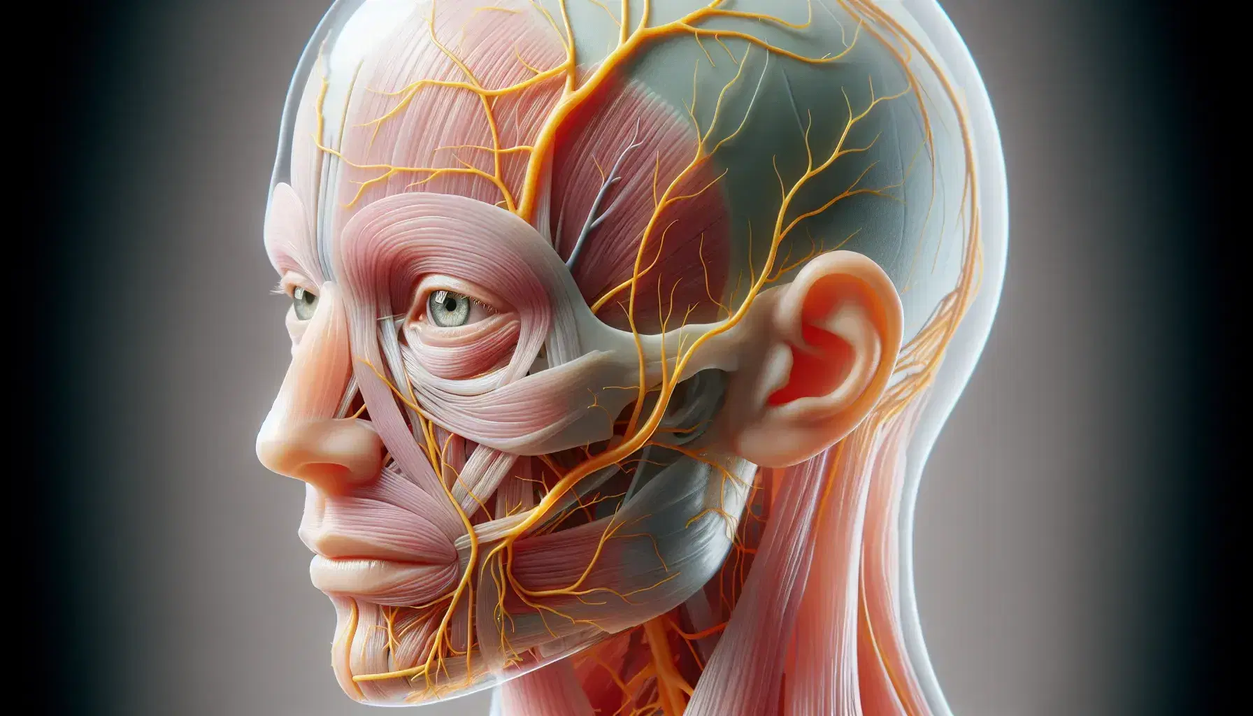 Modelo anatómico transparente de cabeza humana mostrando el nervio facial en amarillo, extendiéndose hacia las mejillas, boca y ojos, con músculos en tonos rosados y ojo detallado.