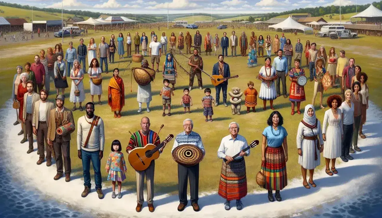 Grupo diverso de personas con objetos culturales bajo cielo azul, anciano hispano con instrumento de cuerda, mujer asiática con cesta de frutas, joven africano con escudo o instrumento, niña de Oriente Medio con muñeca y hombre blanco con cerámica.