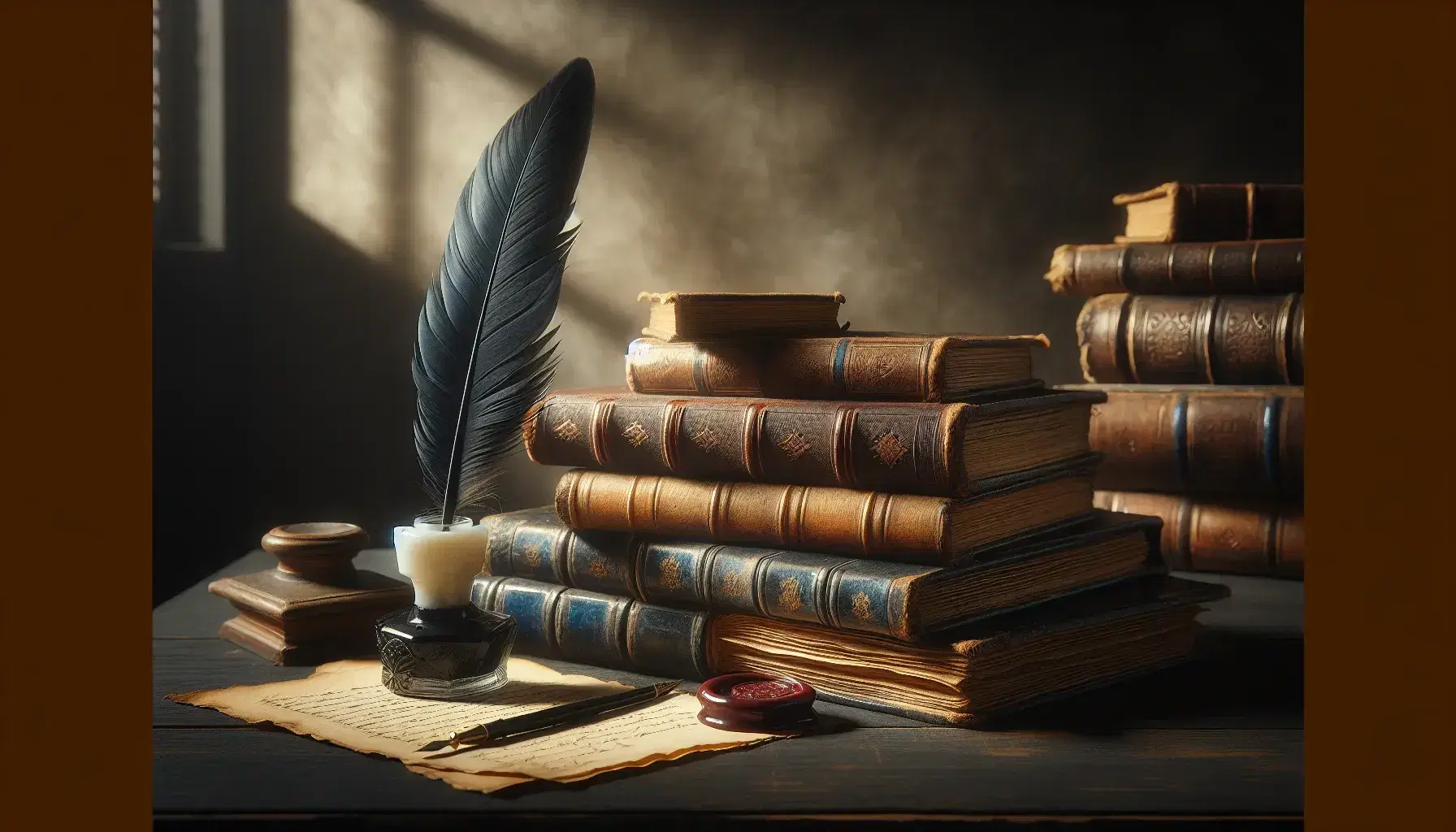 Pila de libros antiguos con tapas de cuero sobre mesa de madera oscura, pluma de ave negra en tintero de porcelana y sello de cera rojo al lado.