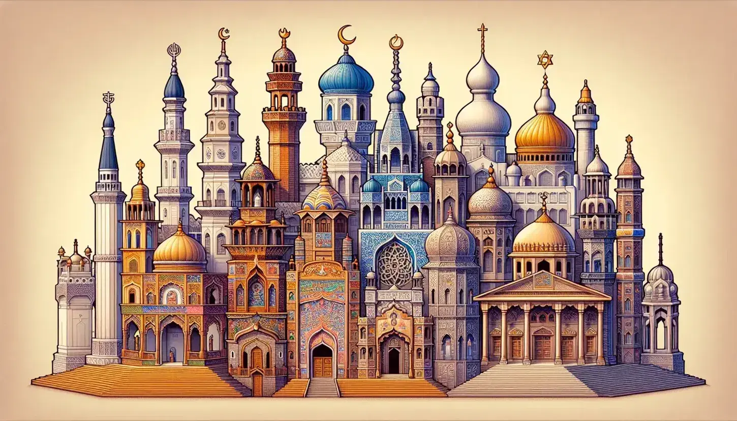 Panorama of different religious structures in semicircle: Christian church, mosque, Hindu temple, Buddhist pagoda, Sikh gurdwara and synagogue.