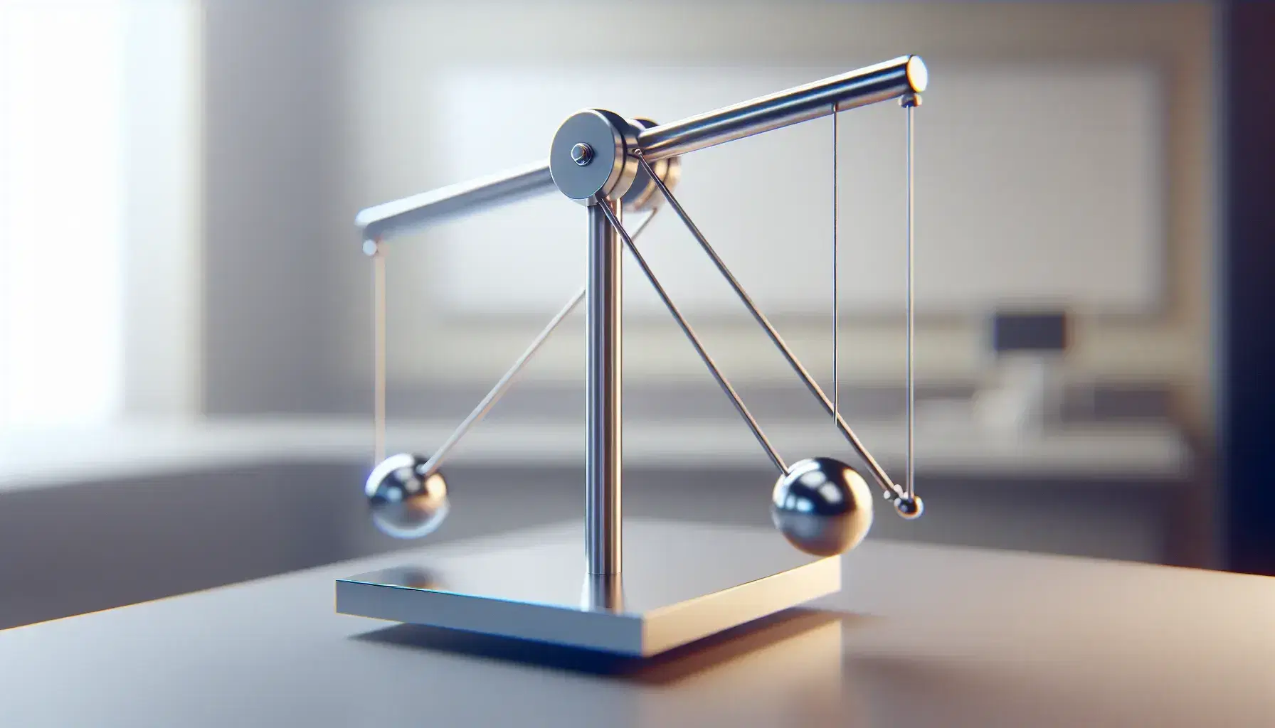 Double pendulum with shiny metal rods and ball joint in motion, light reflection on neutral laboratory background.
