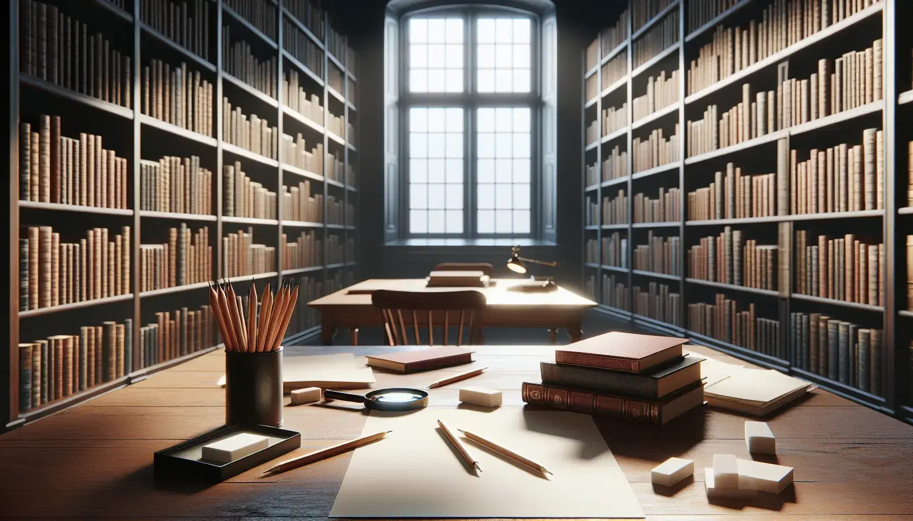 Biblioteca iluminada con estantes de madera oscura llenos de libros, mesa con papeles, lápices y lupa, y silla con cojín rojo.