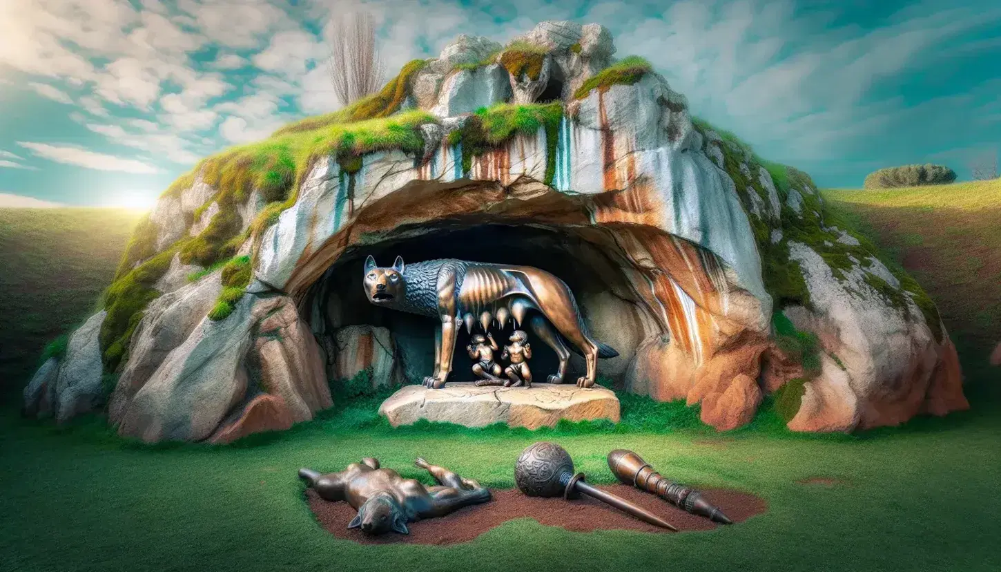 Scena mitologica con lupa in bronzo che allatta Romolo e Remo nella grotta del Lupercal, circondata da armi romane e un ulivo antico.