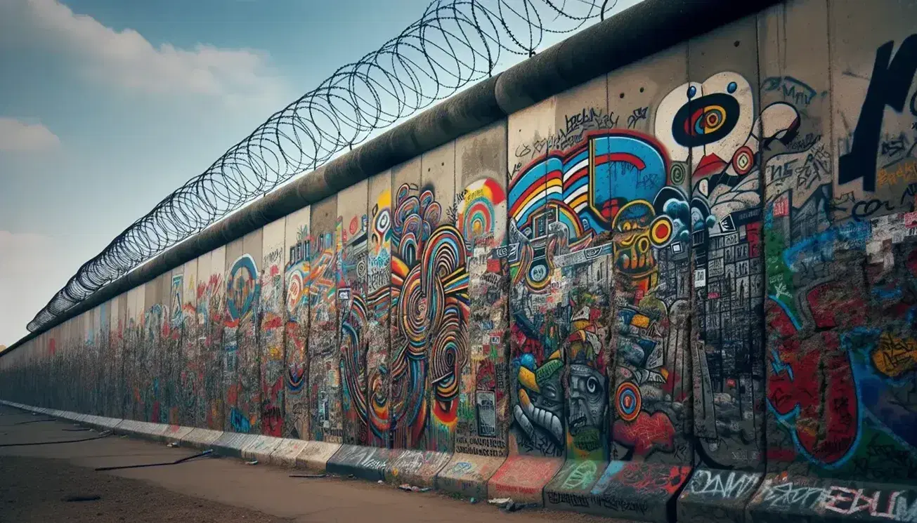 Berlin Wall segment with colorful, abstract graffiti and barbed wire against a blue sky, symbolizing historical division and artistic expression.