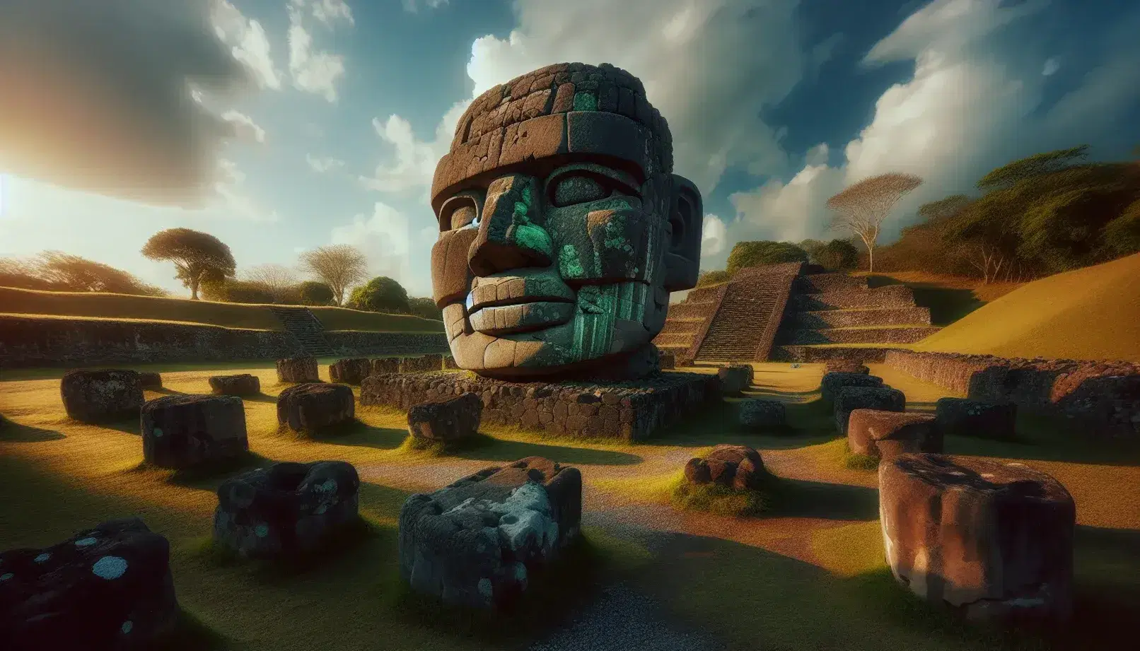 Cabeza colosal de piedra de la cultura Olmeca con rasgos distintivos, rodeada de estructuras antiguas y vegetación en un sitio arqueológico bajo cielo azul.