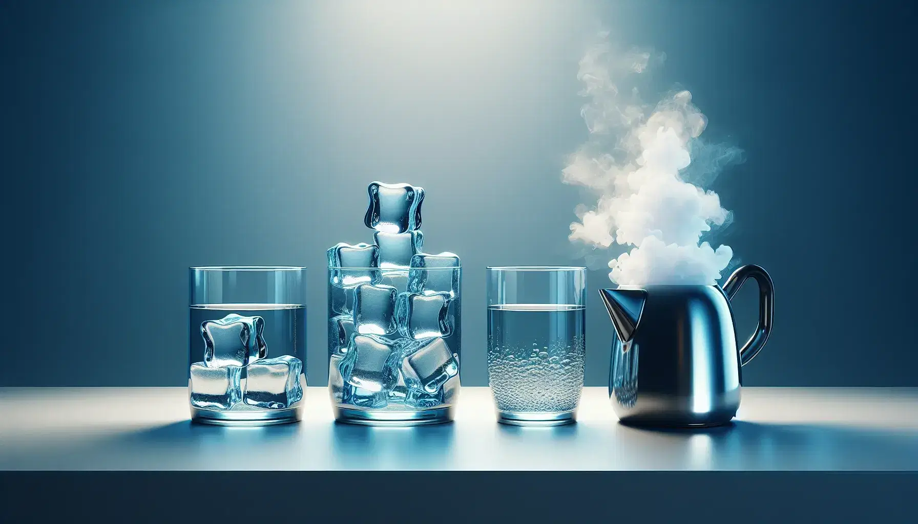Tre stati dell'acqua illustrati con cubetti di ghiaccio in un bicchiere, acqua liquida in un secondo bicchiere e vapore che fuoriesce da un bollitore.