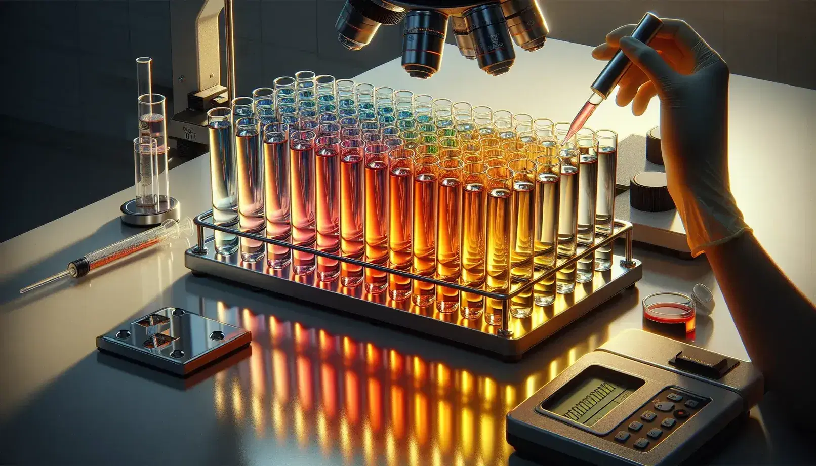 Serie di provette in vetro con liquidi colorati da rosso a giallo su supporto metallico, mano con pipetta, microscopio e timer in laboratorio.
