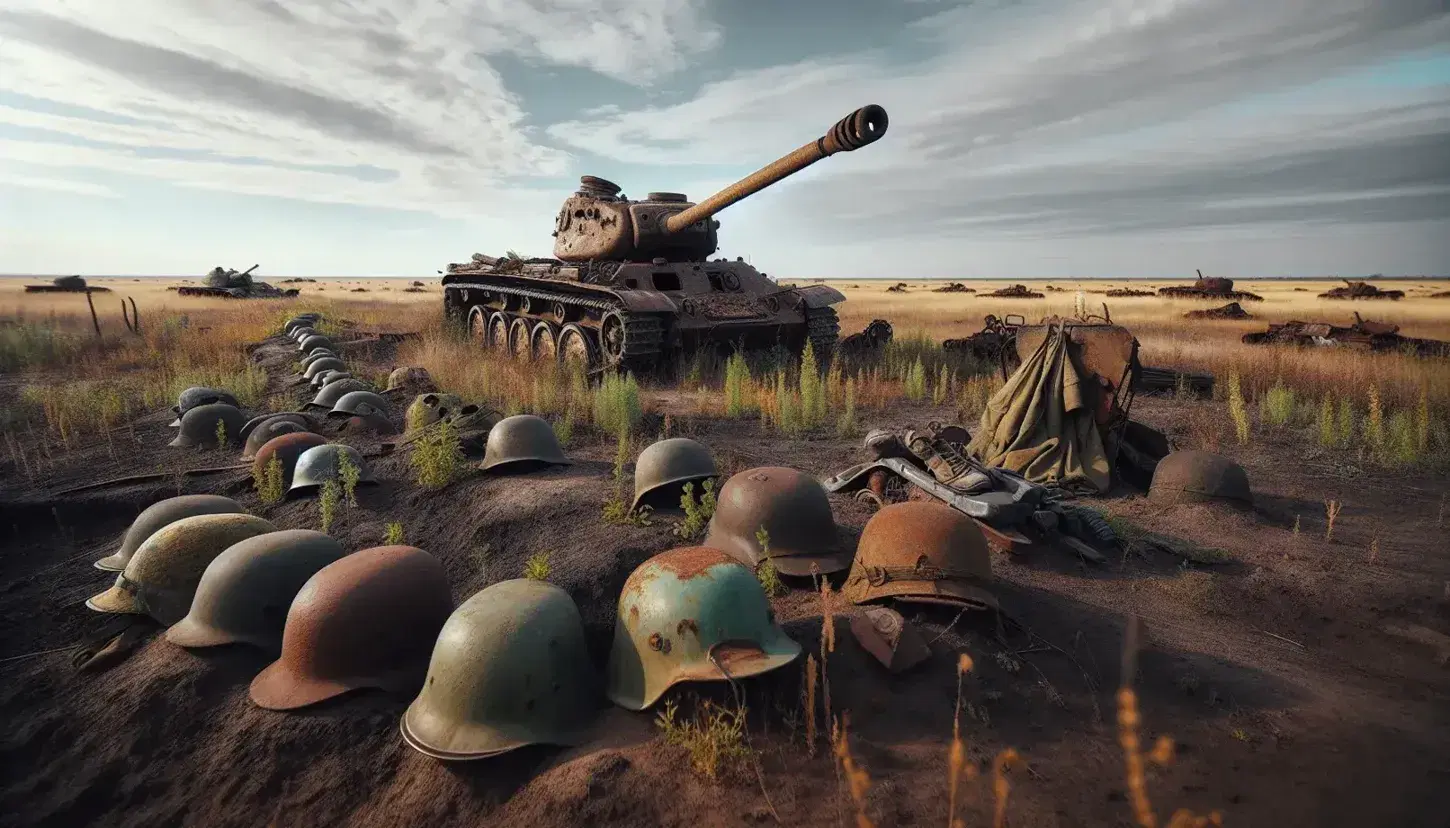 Campo abierto con tanque de guerra oxidado y cascos militares abandonados, vegetación esporádica y ruinas en el horizonte bajo un cielo azul pálido.