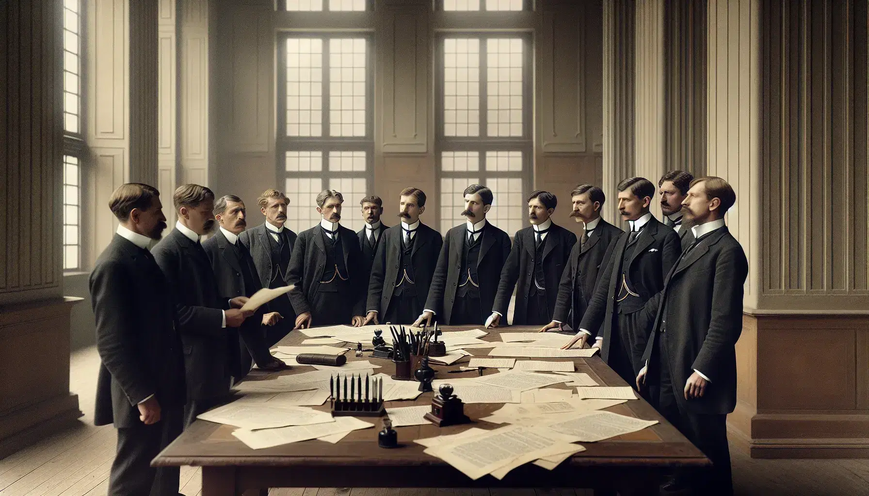 Grupo de hombres en trajes del siglo XX debatiendo alrededor de una mesa con documentos y plumas, en una sala iluminada naturalmente.