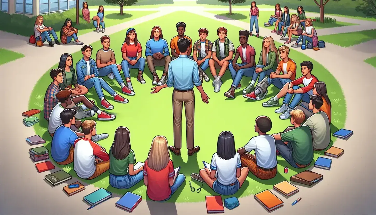 Grupo diverso de adolescentes sentados en semicírculo al aire libre con un adulto de pie facilitando una discusión, rodeados de árboles y cielo despejado.