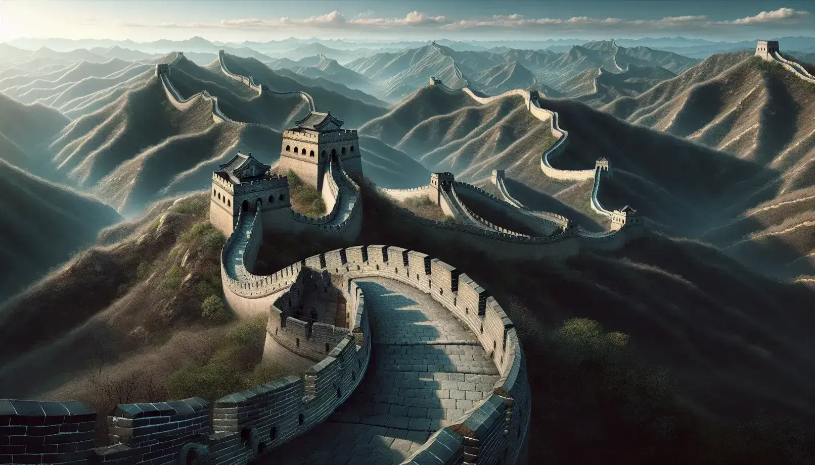 Panoramic view of the Great Wall of China winding through mountainous terrain with regular watchtowers and crenellated parapets under a clear blue sky.