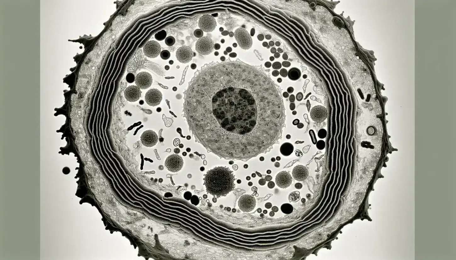 Cellula animale al microscopio elettronico con membrana, endocitosi, esocitosi e organelli interni visibili.