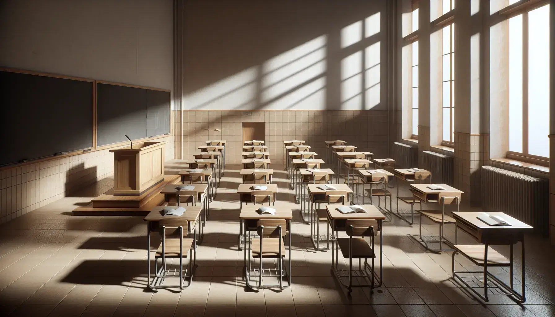 Aula scolastica vuota con banchi in legno chiaro e sedie metalliche, luce naturale dalle finestre, cattedra e lavagna vuota.