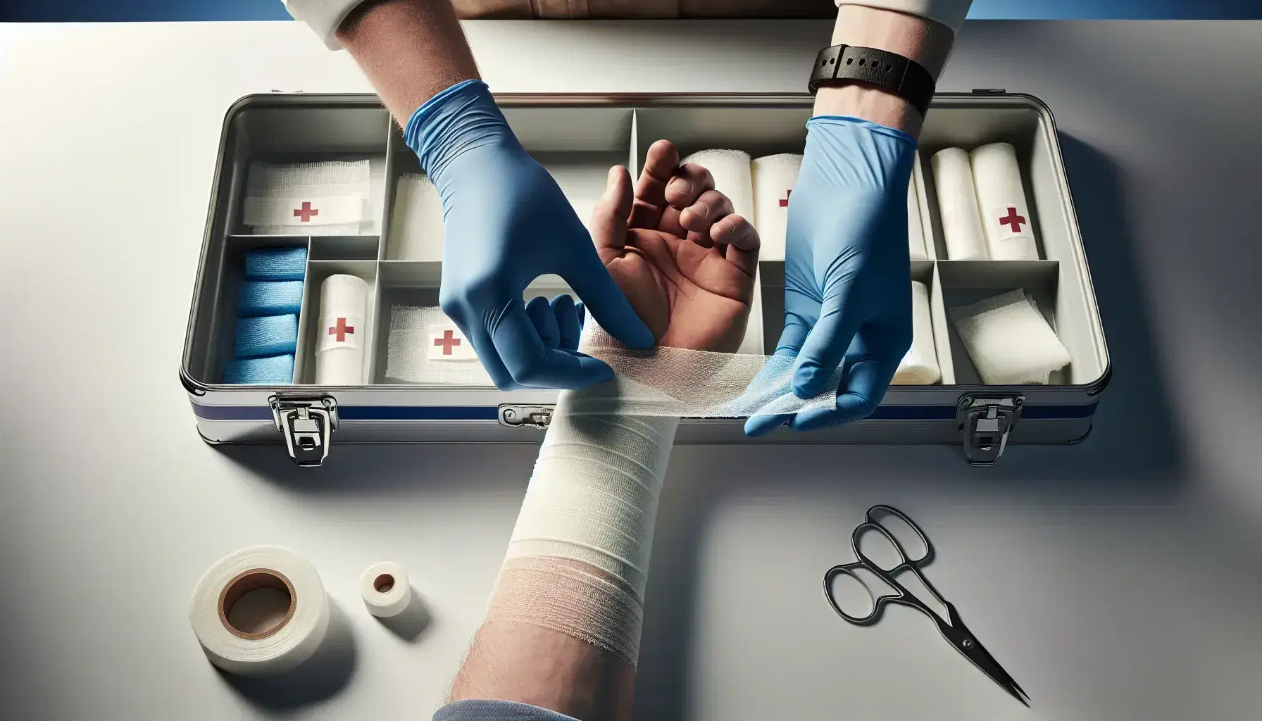 Manos con guantes de látex azules aplicando una venda blanca en el antebrazo de un paciente, con un botiquín de primeros auxilios desenfocado al fondo.