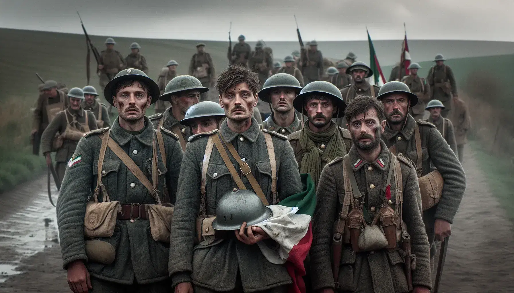 Soldati italiani della Prima Guerra Mondiale in uniformi logore tornano a casa, con espressioni serie e una bandiera tricolore sfumata.