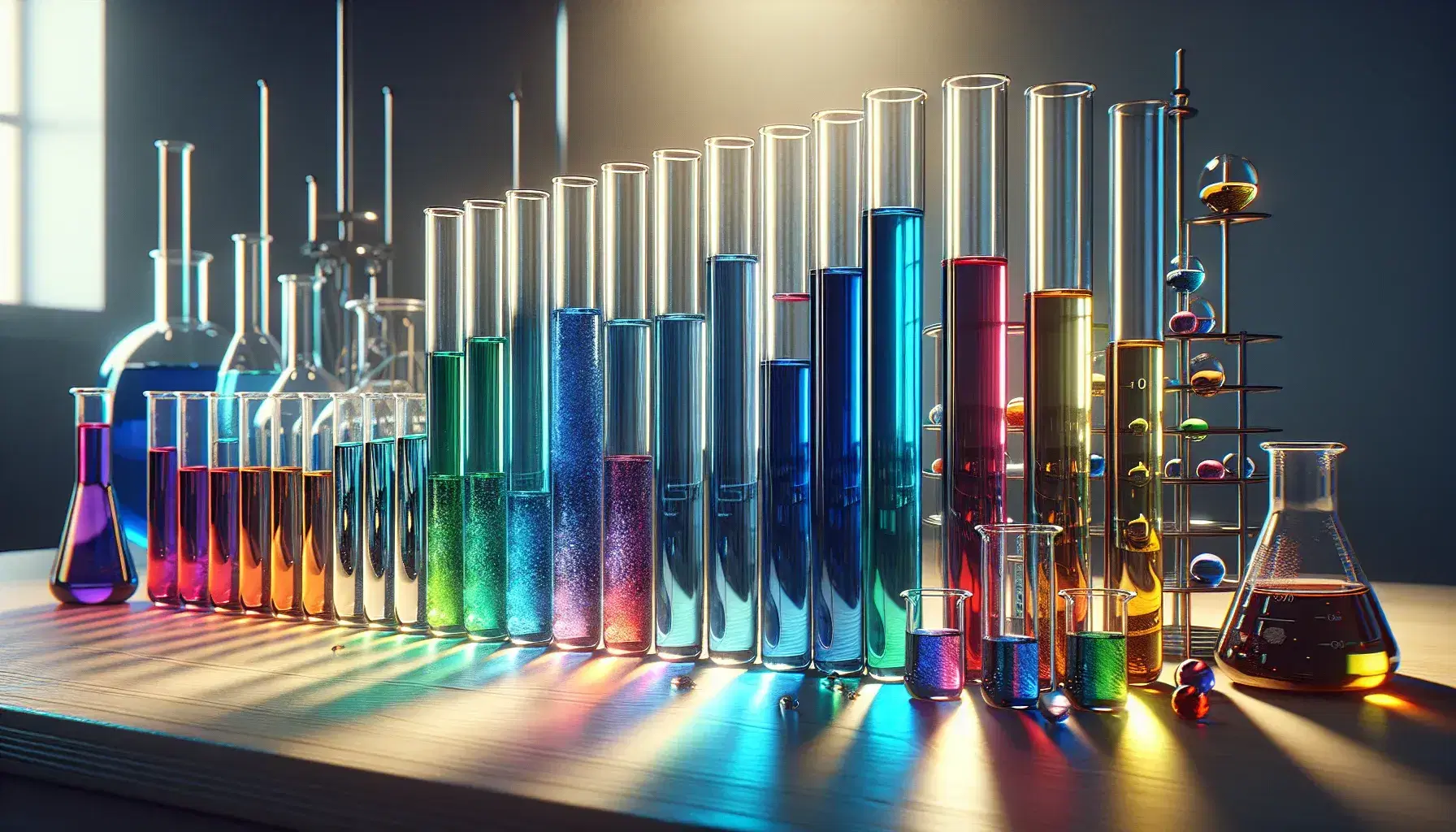 Provette in vetro con liquidi colorati in ordine crescente su banco da laboratorio, becher sullo sfondo, bruciatore Bunsen spento in primo piano.