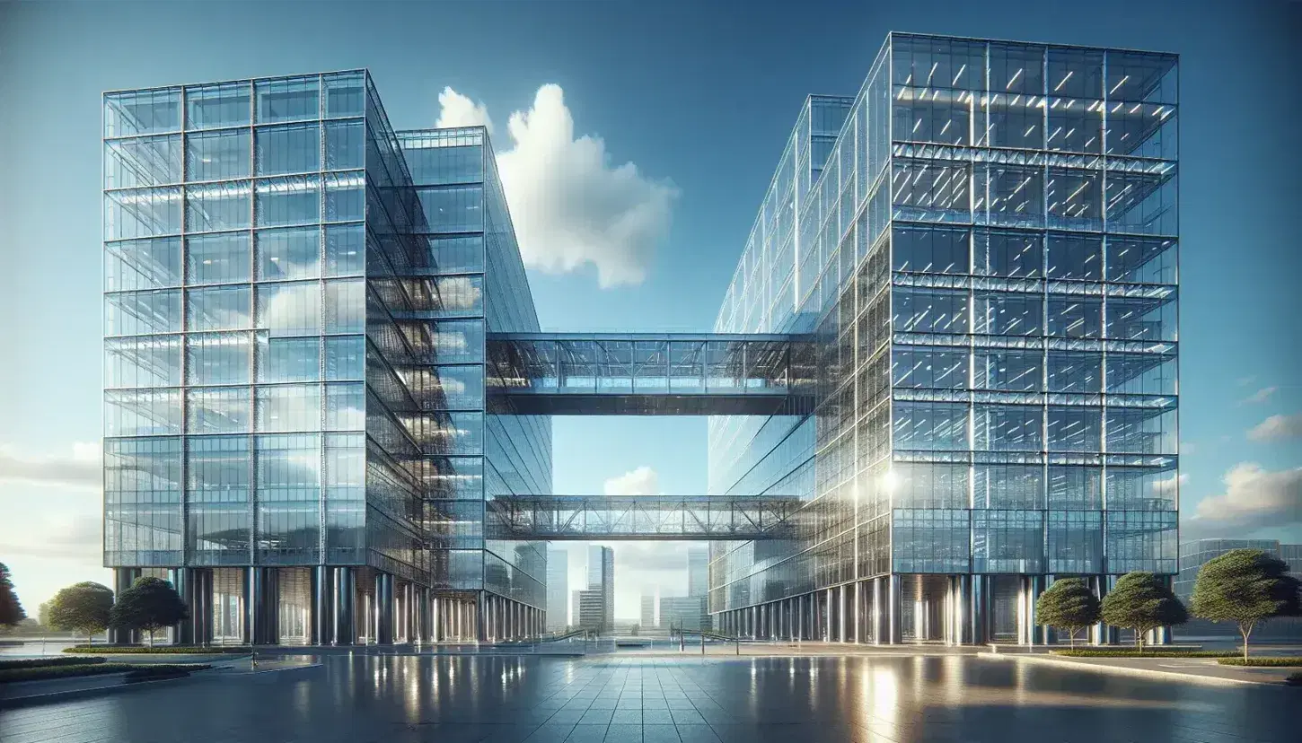 Due edifici aziendali moderni in vetro e acciaio collegati da un ponte di vetro sotto un cielo azzurro, riflettono il sole e circondati da giardini curati.