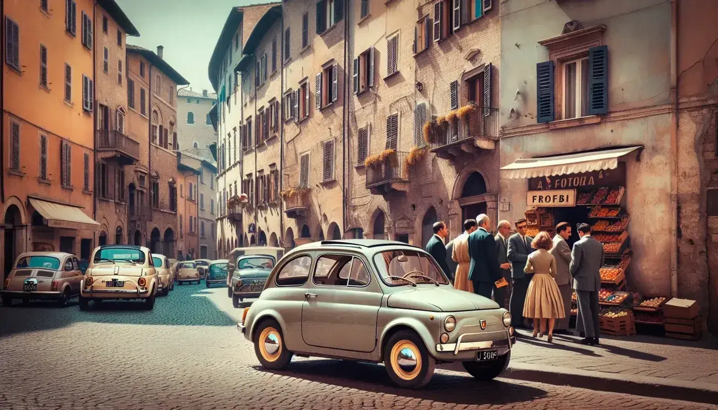 Scena vivace di strada italiana anni '60 con Fiat 500 parcheggiata, edifici storici, passanti eleganti e banco frutta colorato.