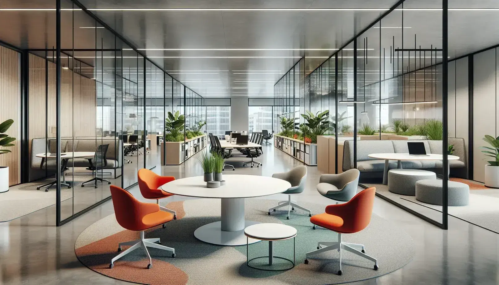 Modern open-plan office with orange chairs around a white table, glass-walled private offices, a gray L-shaped couch, and large windows with city views.