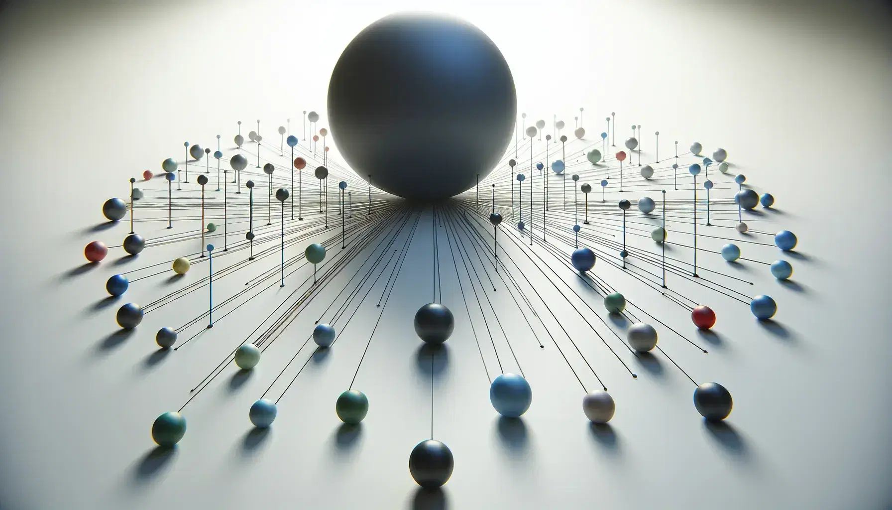 Estructura organizacional en 3D con esfera central azul oscuro y esferas menores conectadas por líneas grises, simbolizando red de relaciones.