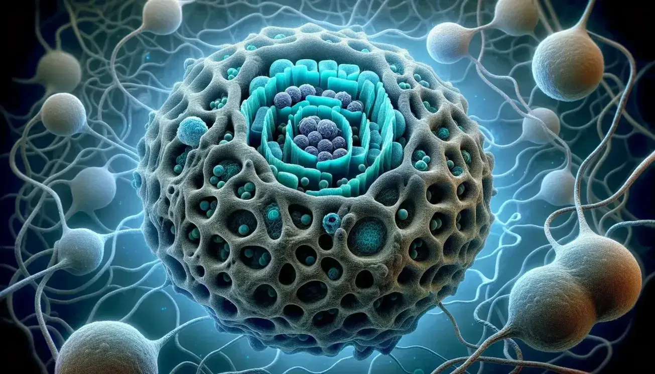 Vista microscópica de célula eucariota con núcleo central oscuro, envoltura nuclear con poros y retículo endoplasmático conectado, teñidos para resaltar estructuras.