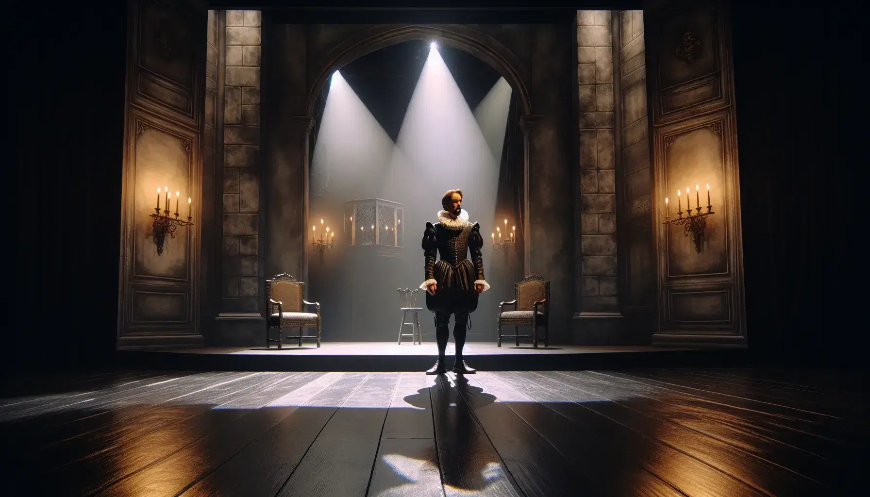 Scene from "Hamlet" with an actor in period costume on a stage with regal chairs and a backdrop of castle walls, soft and atmospheric lighting.