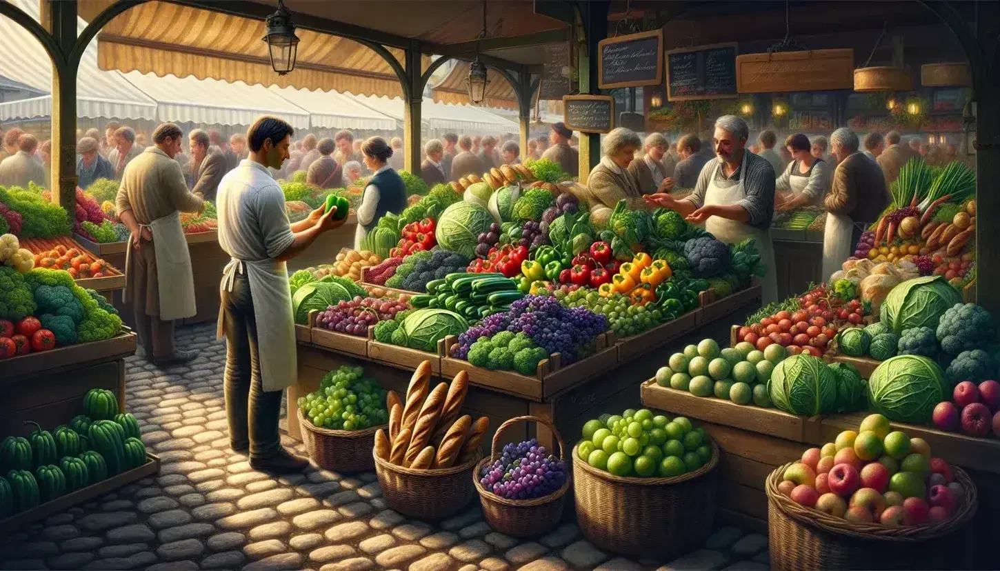 Bustling French market scene with fresh produce on display, including leafy greens, bell peppers, grapes, and a basket of golden-brown bread loaves.