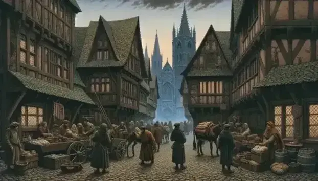 Medieval street scene with people in period clothing and donkey carts on cobblestones, half-timbered buildings and gothic cathedral in the background.
