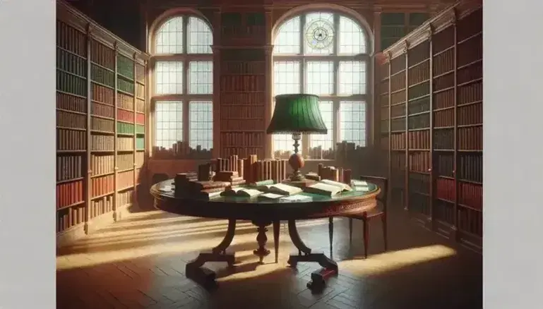 Biblioteca luminosa con scaffali in legno chiaro pieni di libri rilegati, tavolo ovale con libri aperti, lampada vintage e sedia intarsiata.
