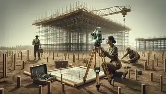 Asian surveyor uses a theodolite on construction site with workers consulting blueprints and idle crane in background.