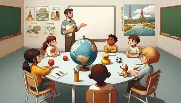 Diverse students engage in French class, holding objects like an apple and soccer ball, with a teacher gesturing near a whiteboard, and cultural posters in the background.