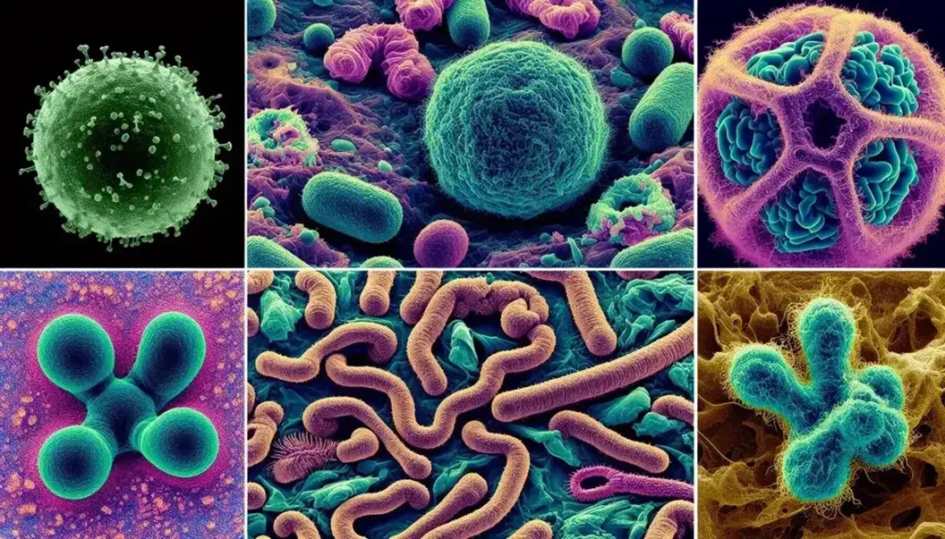 Micrografías electrónicas en colores realzados mostrando virus esférico, bacteria con flagelos, prion ovalado, hongo filamentoso y protozoo ameboide en fondo negro.