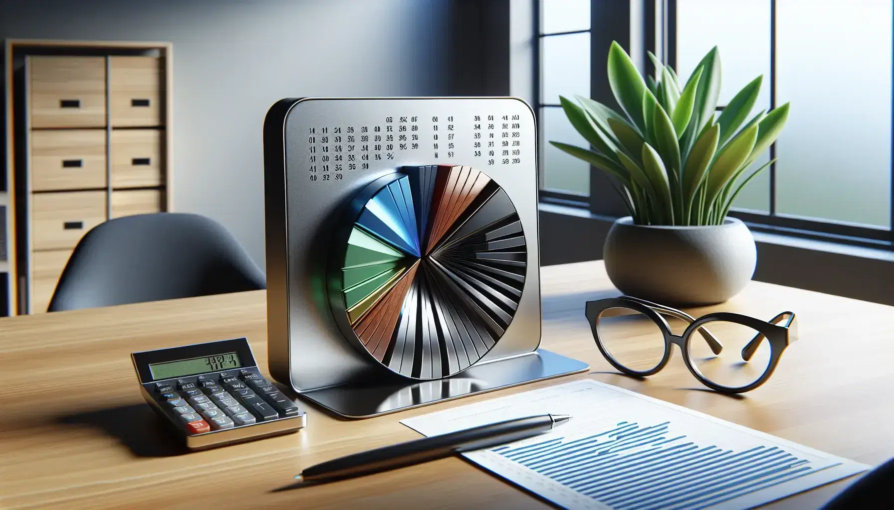 Modern office with a wooden desk featuring a calculator, eyeglasses, a colorful pie chart model, an analog clock, and a green potted plant, with a leather chair in the background.