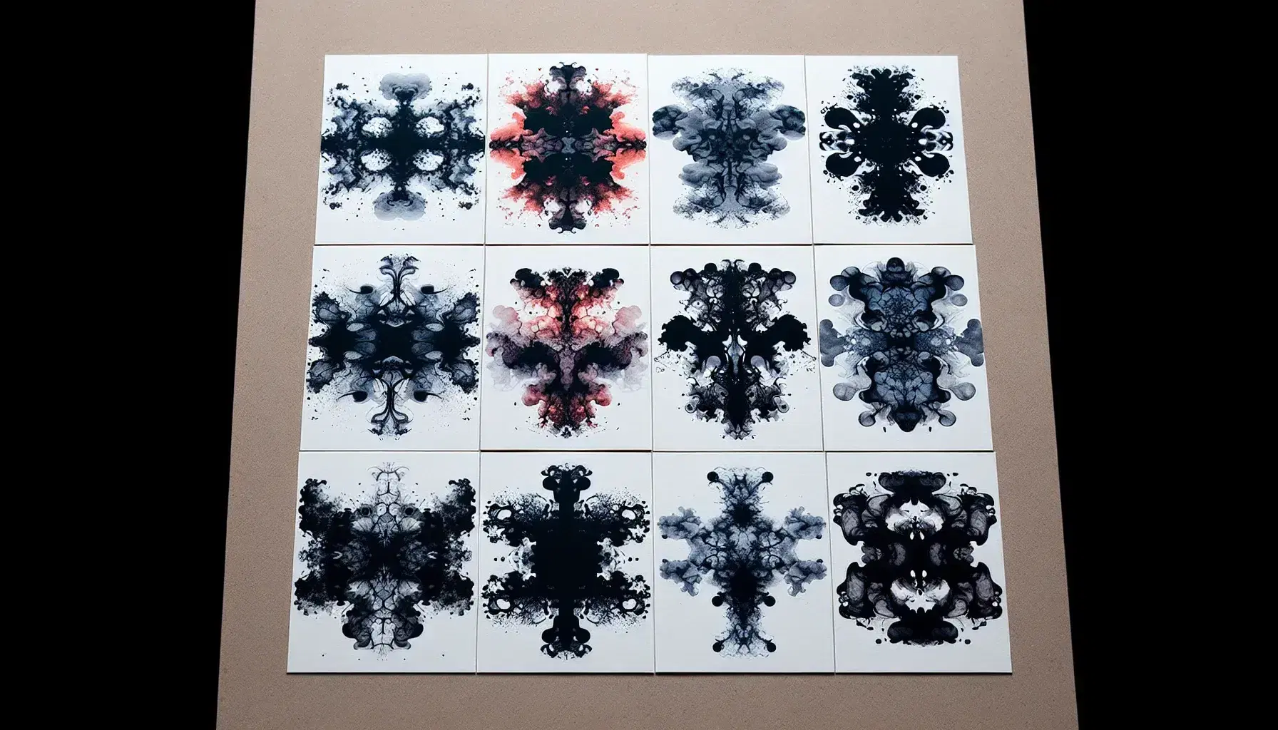 Diez tarjetas con manchas de tinta simétricas en dos filas sobre fondo claro, variando en colores negro, gris, rojo y azul, sin figuras reconocibles.