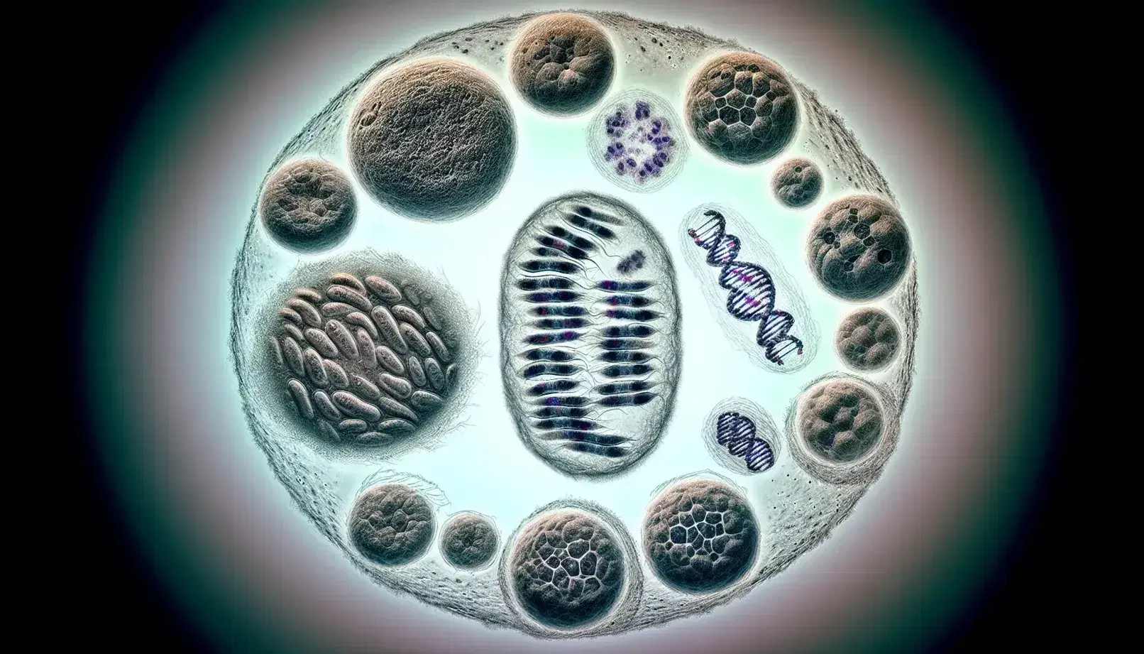 Células en distintas fases de mitosis bajo microscopio óptico, con cromosomas visibles y citoplasma granulado en gradiente de color.