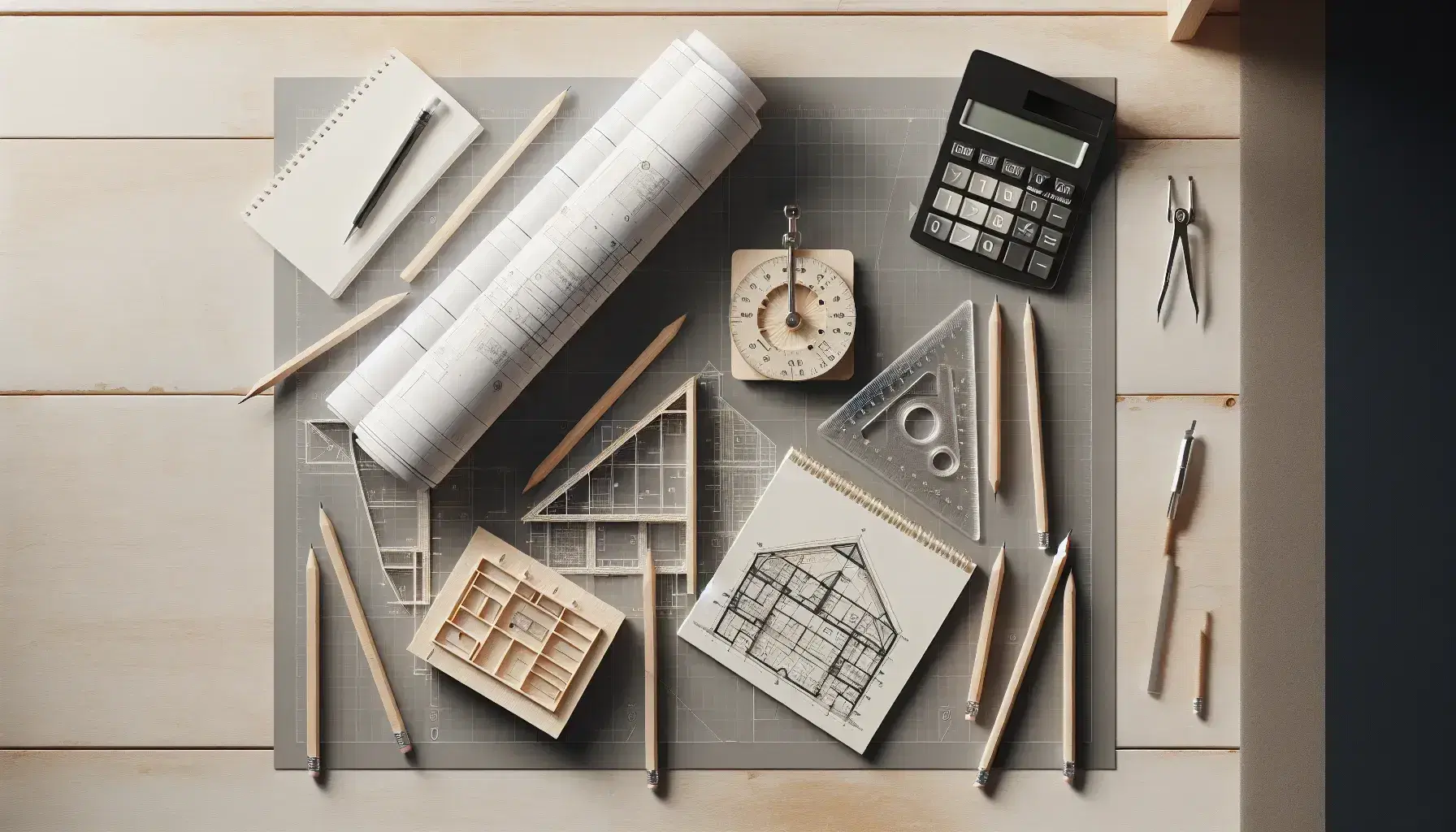 Vista aérea de un escritorio de trabajo con planos arquitectónicos, regla triangular, compás, calculadora científica, lápices, maqueta de edificio y taza de café sobre posavasos.