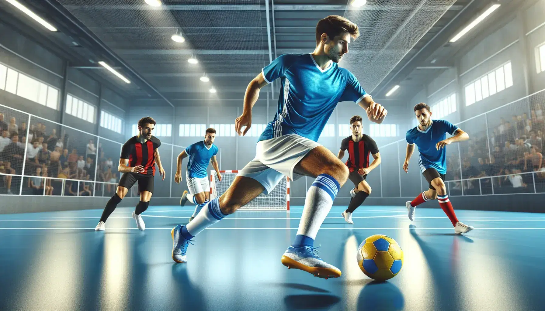 Giocatore di futsal in maglia blu effettua dribbling in palestra con pallone giallo e blu, circondato da avversari e compagni di squadra.