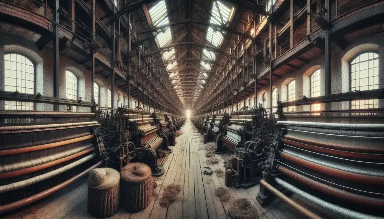 Vista interna di un'antica fabbrica tessile con filatoi meccanici allineati, pavimento in legno e finestre ad arco che filtrano la luce.