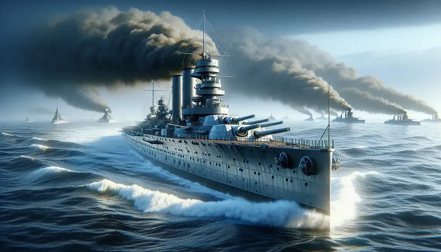 WWI-era battleship with gun turrets sails through dark blue ocean, sunlight glinting off metallic hull, with smoke rising from distant naval skirmish.
