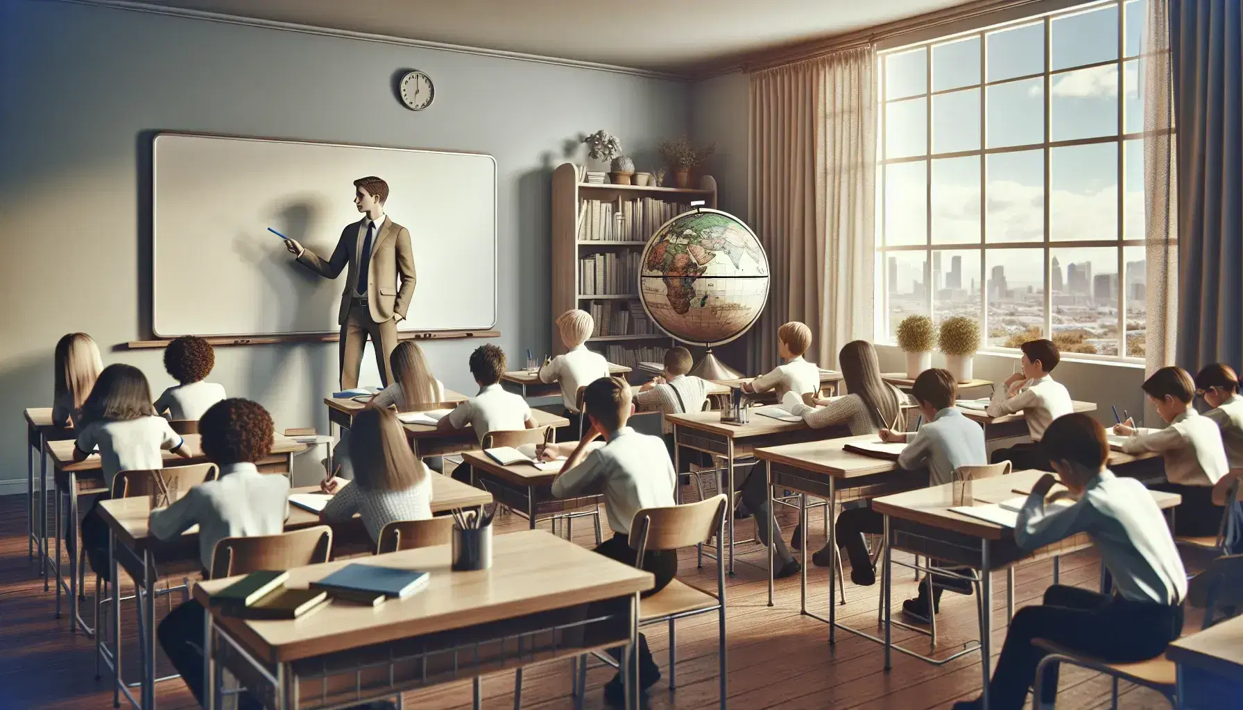 Classroom scene with students at wooden desks, some writing, others reading, a teacher gesturing to a whiteboard, and a label-free globe on the side.