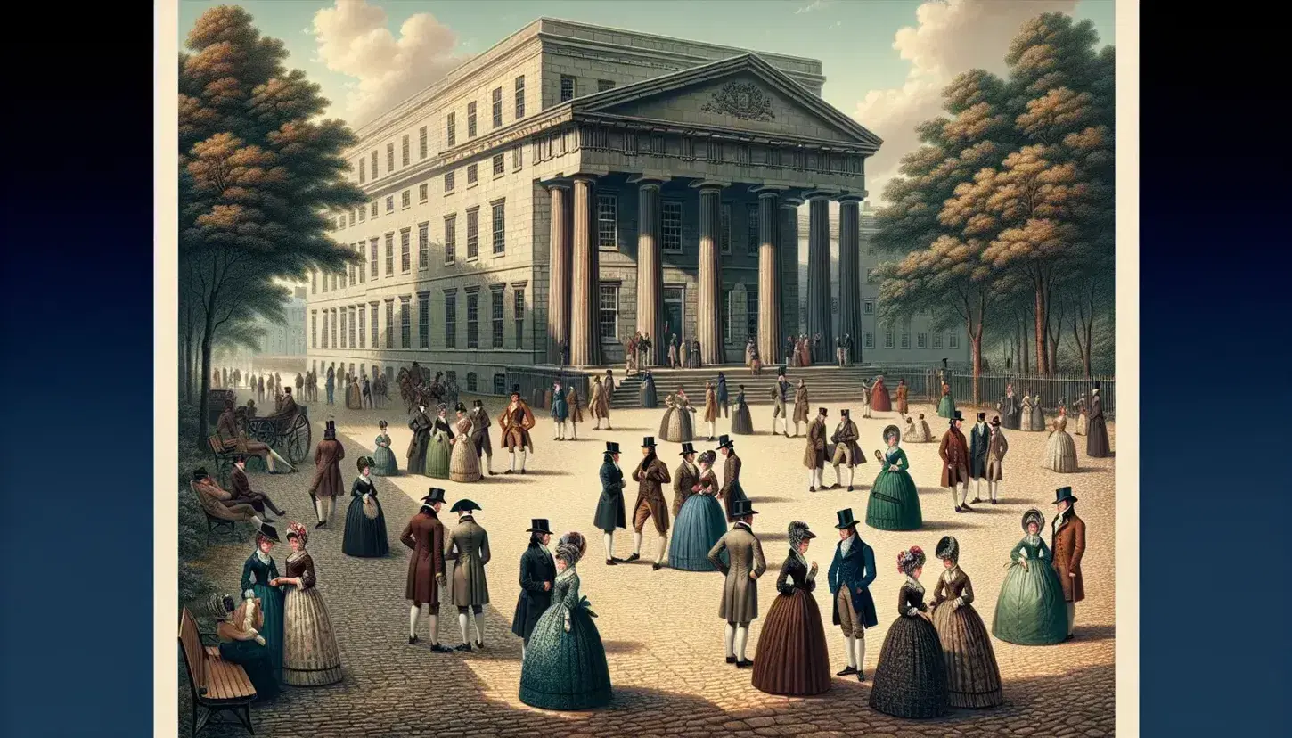 Escena histórica al aire libre con personas en atuendos del siglo XIX frente a edificio neoclásico, paseando por una plaza adoquinada y parque adyacente bajo un cielo azul.