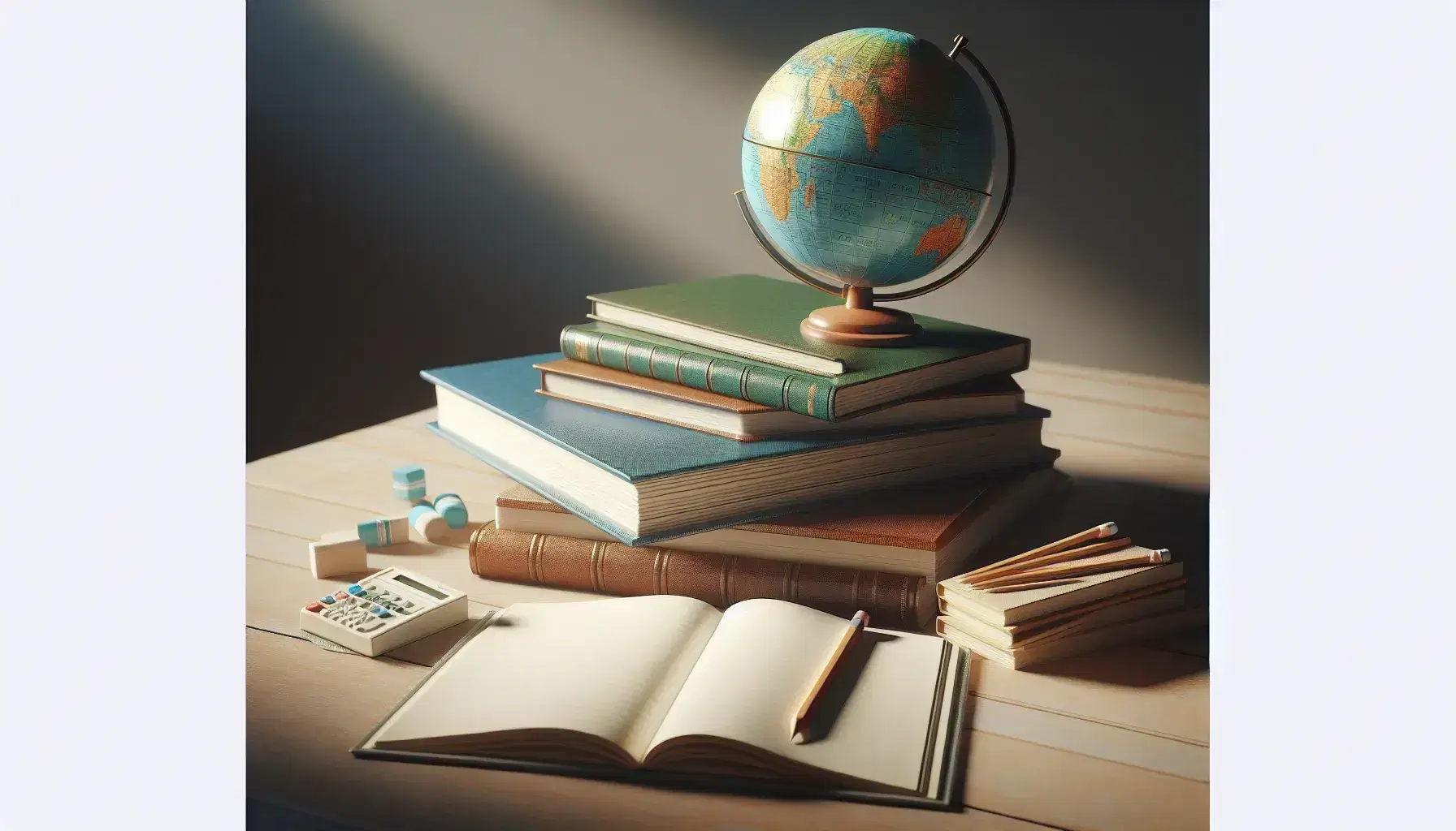 Pilas de libros en mesa de madera con un globo terráqueo sobre ellos, lápiz y goma al lado de un cuaderno abierto, iluminación natural.