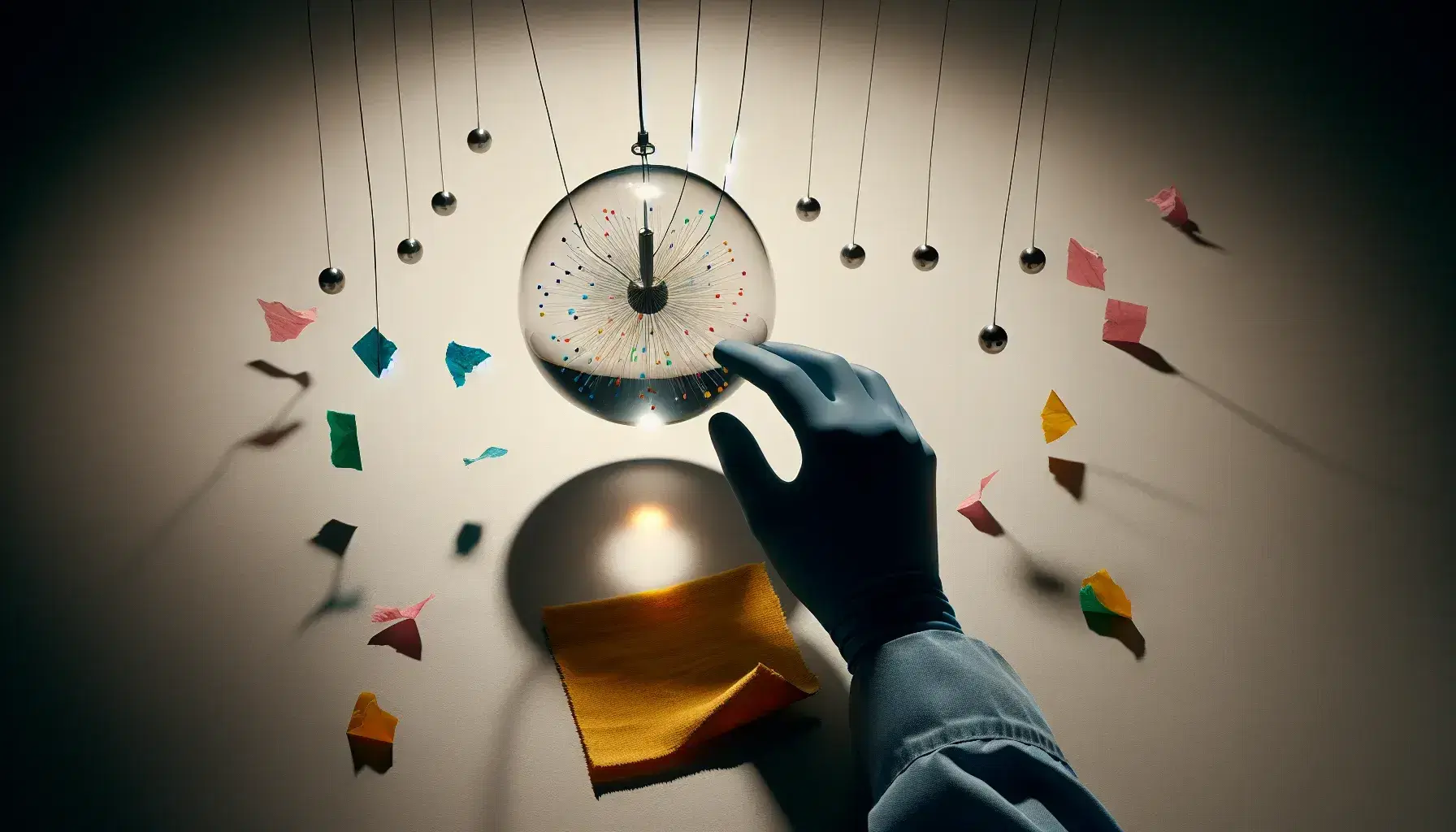 Sfera di plastica trasparente sospesa che attira pezzetti di carta colorati per elettrostatica, con mano in guanto blu e panno giallo.