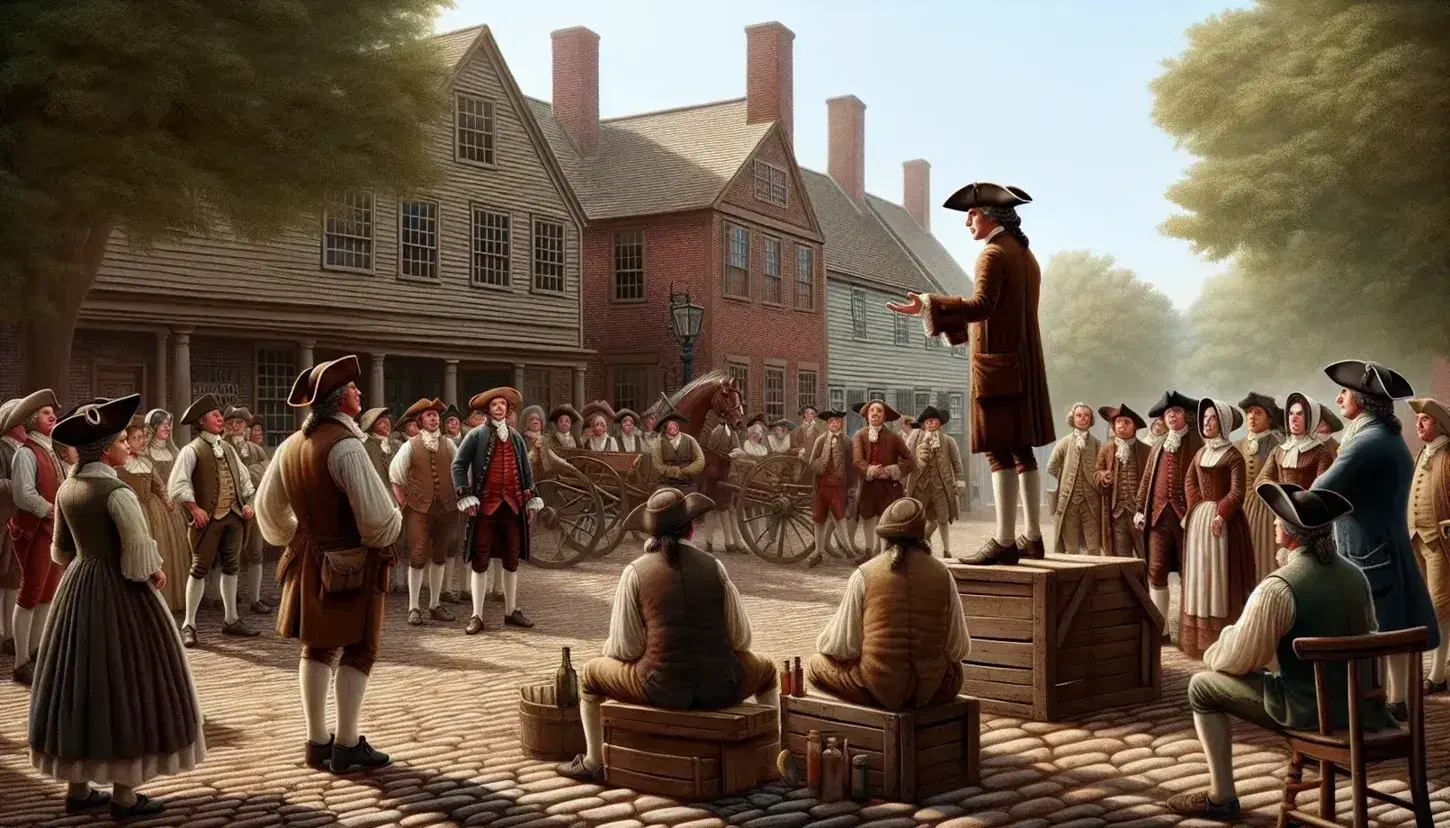 Colonial American townspeople in period attire listen to an orator in a cobblestone square, with a brick building and horse-drawn carriage behind.