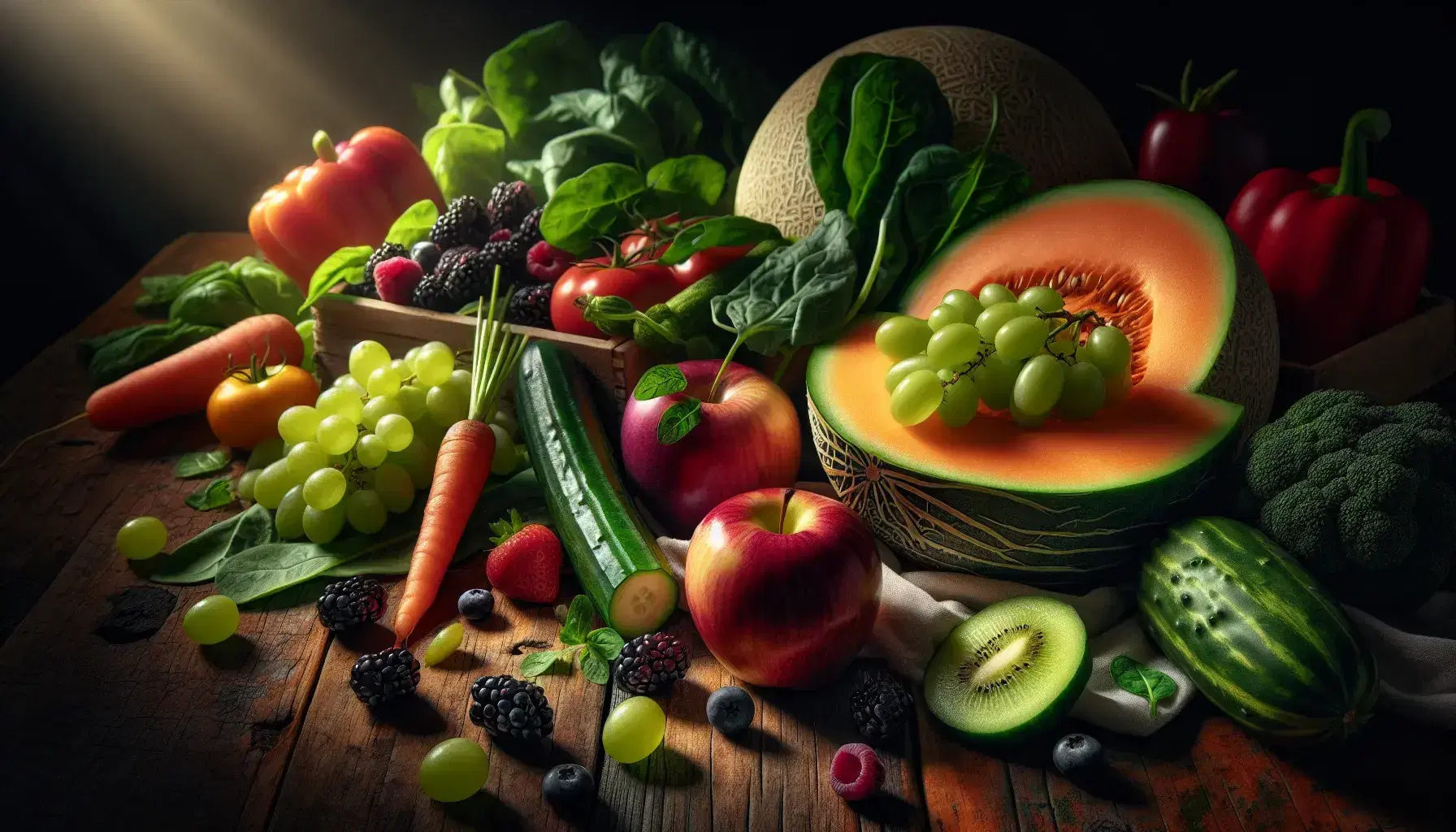 Composizione vivace di frutta e verdura fresca su tavolo rustico, con mela rossa, uva verde, melone, carota, cetriolo e more.