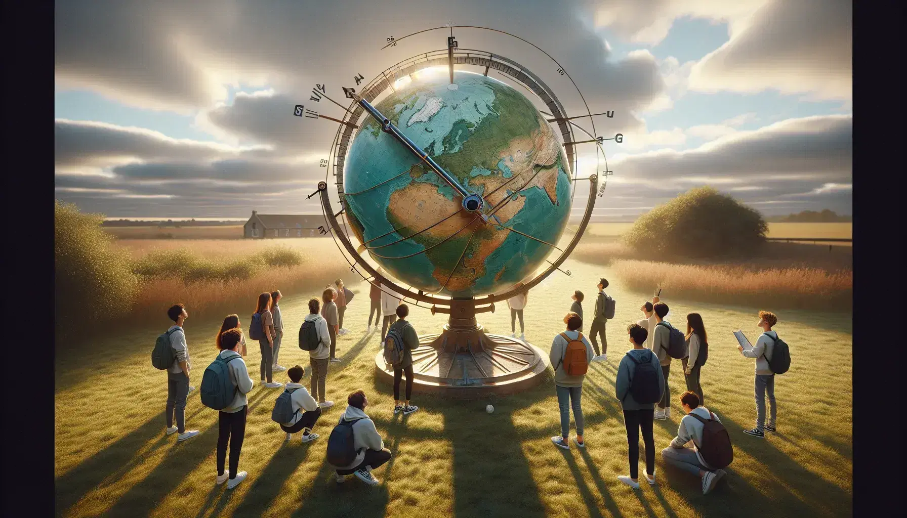 Estudiantes al aire libre rodean un globo terráqueo en un campo abierto, uno con brújula en mano, bajo un cielo parcialmente nublado con sol visible.