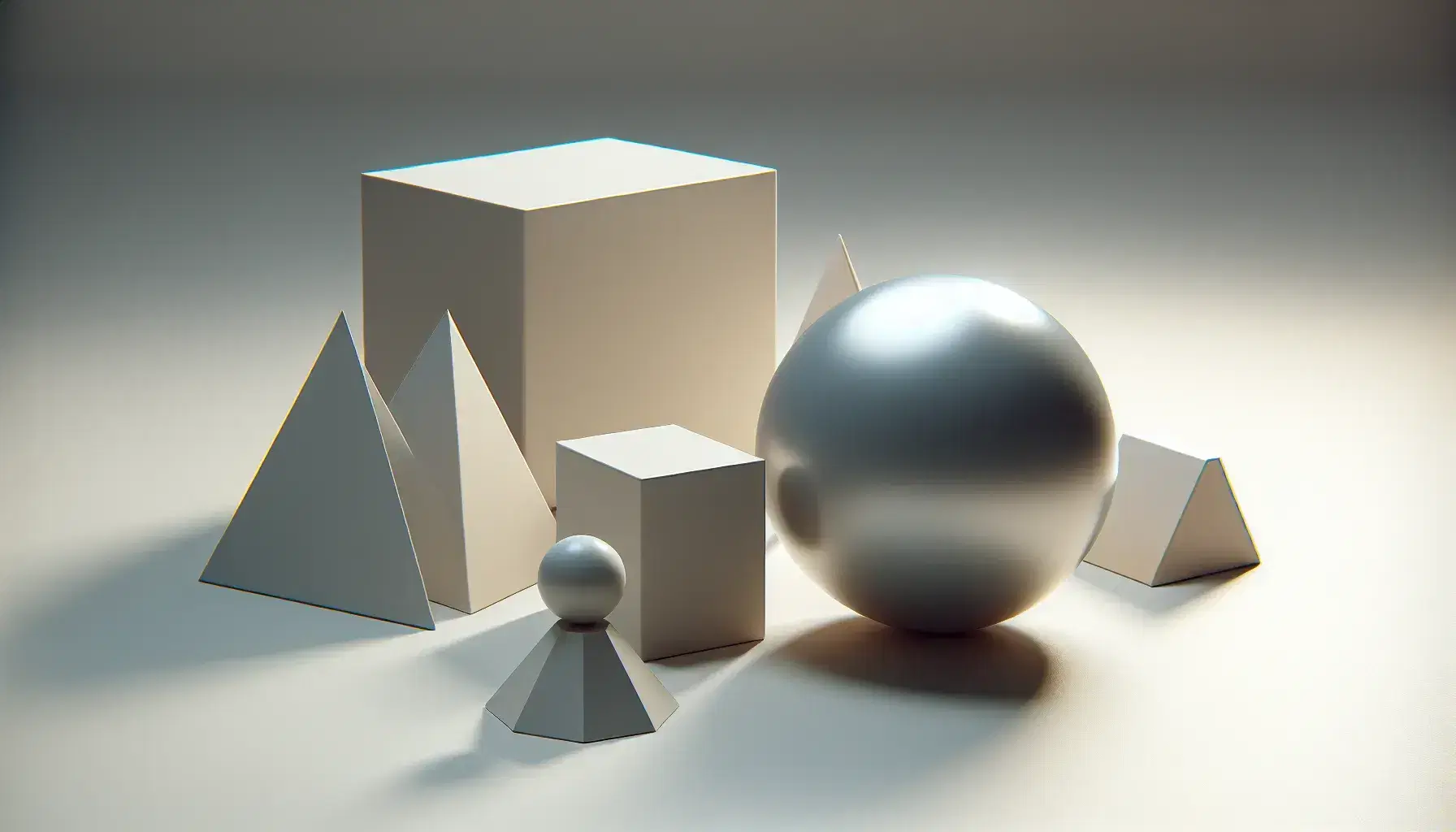 Forme geometriche solide su superficie chiara con sfera riflettente, cubo grigio, cono beige e altre figure in ombra.