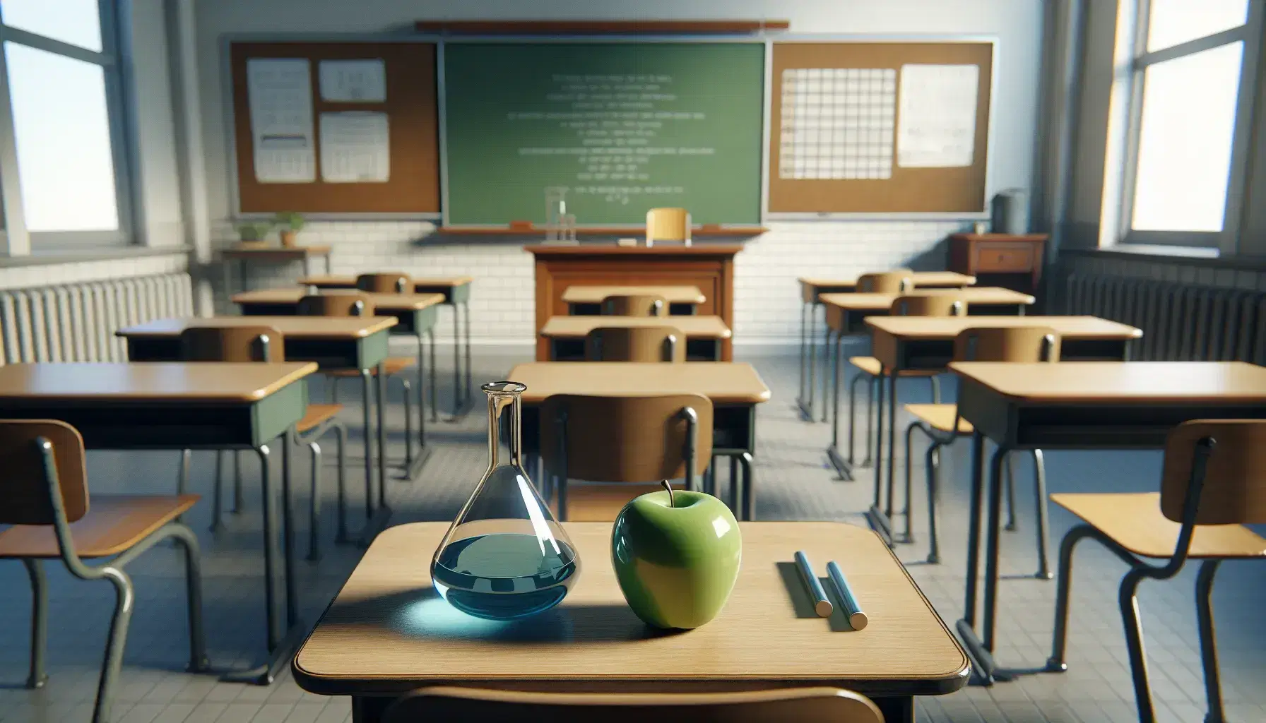 Classic classroom with a wooden teacher's desk, a glossy green apple, a blue liquid-filled flask, empty student desks, and a clean chalkboard.